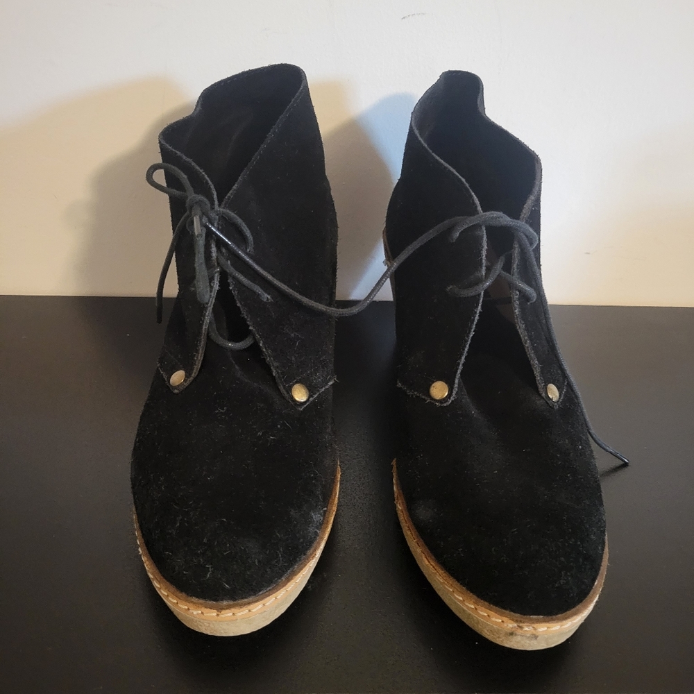 Lucky Brand Junes Washed Split BLACK Suede Wedge Ankle Boots